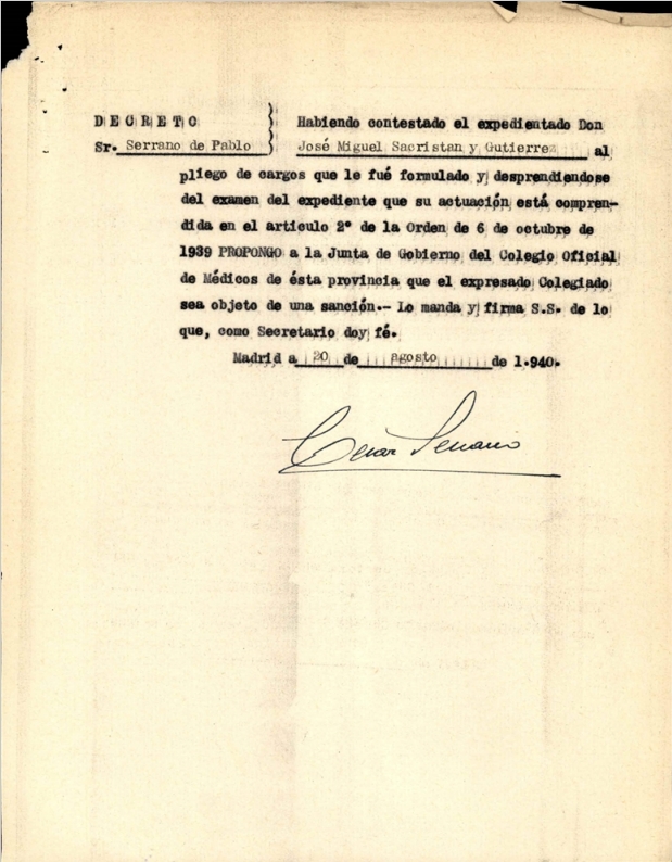 Pliego de cargos. Fuente: Colegio de Médicos, SACRISTÁN GUTIERREZ, JOSÉ MIGUEL_COL. Nº 282801637